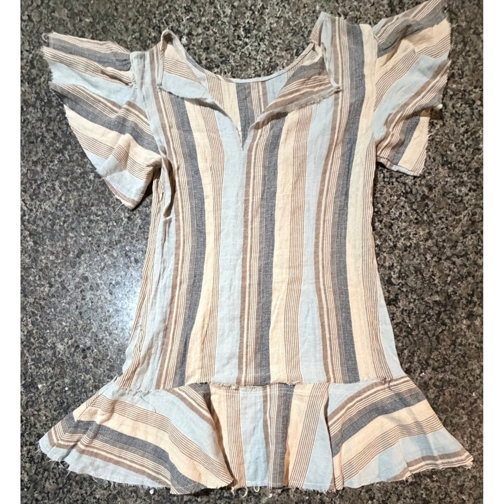 Striped Boho Ruffle Mini Dress Tan Blue Flutter Sleeve Cotton‎ Blend Small